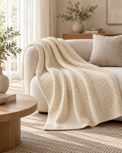 Cream Waffle Throw With Textured Detail