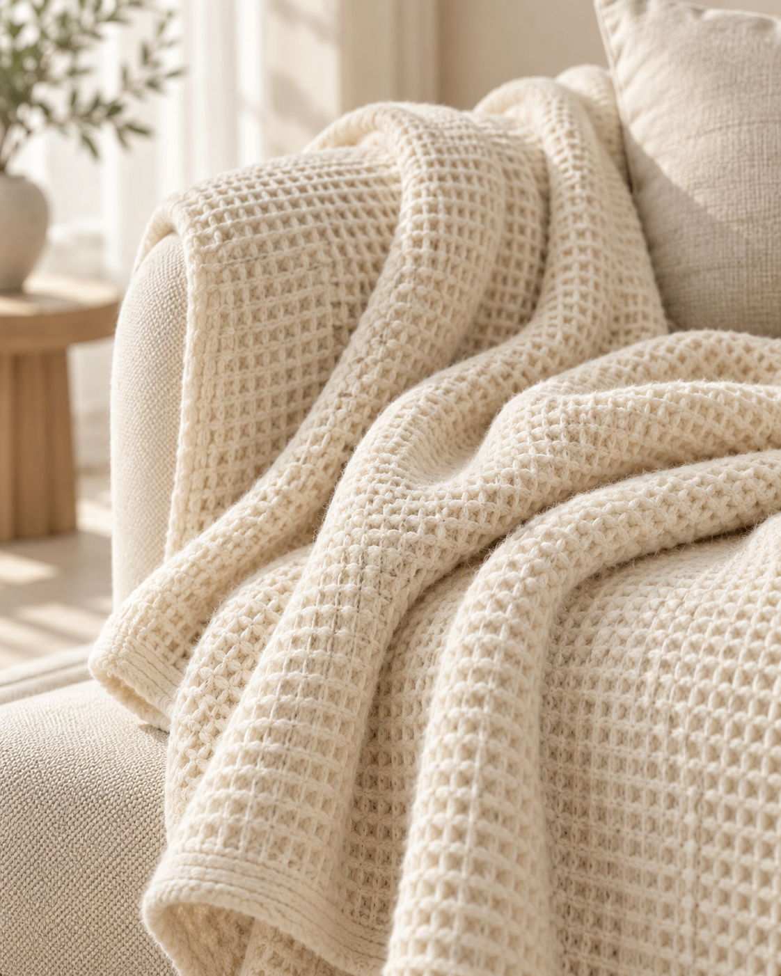Cream Waffle Throw With Textured Detail