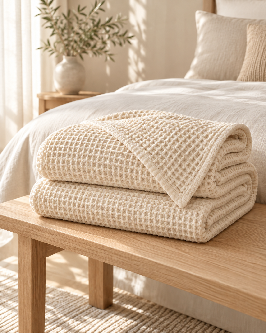 Cream Waffle Throw With Textured Detail