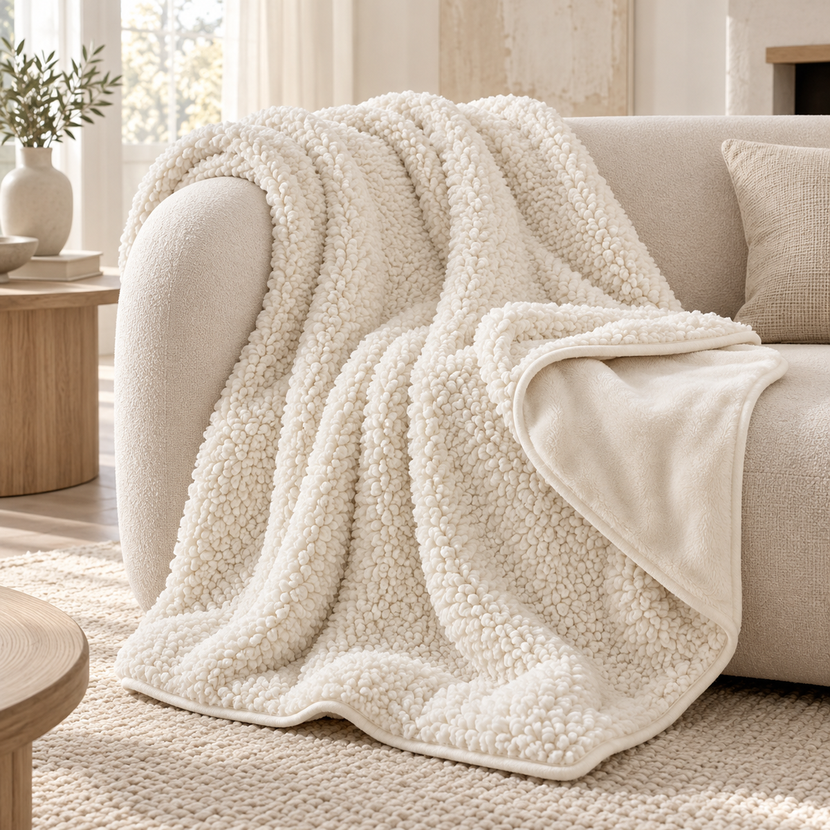 Ivory Sherpa Throw With Plush Texture