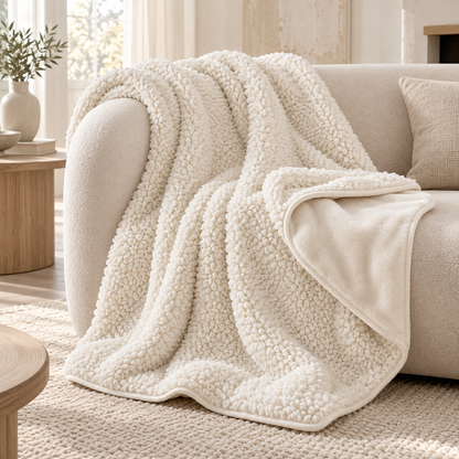 Ivory Sherpa Throw With Plush Texture