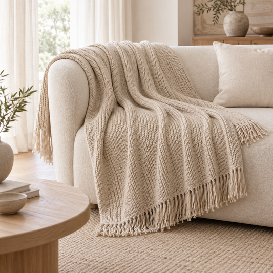 Oatmeal Knitted Throw With Fringe Trim