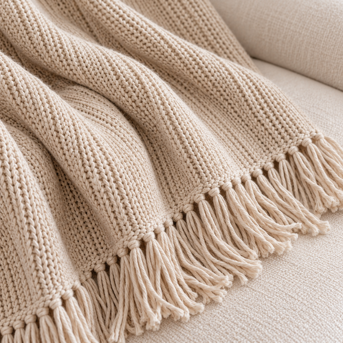 Oatmeal Knitted Throw With Fringe Trim