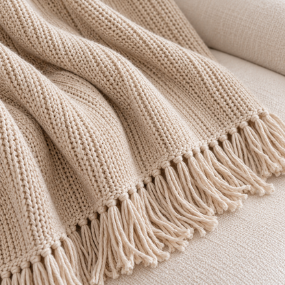 Oatmeal Knitted Throw With Fringe Trim