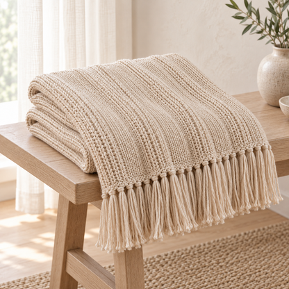 Oatmeal Knitted Throw With Fringe Trim