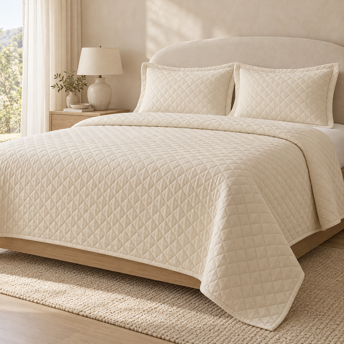 Cream Quilted Bedspread With Coordinated Shams