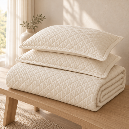 Cream Quilted Bedspread With Coordinated Shams