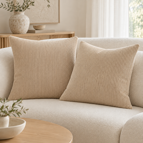 Beige Corduroy Cushion Covers For Lounging